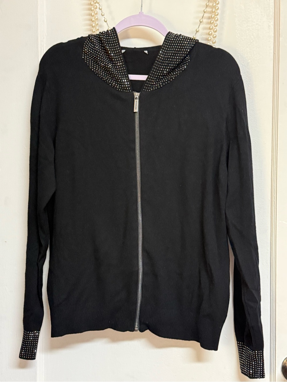 Black Zip-Up Hooded Jacket with Rhinestone Trim L